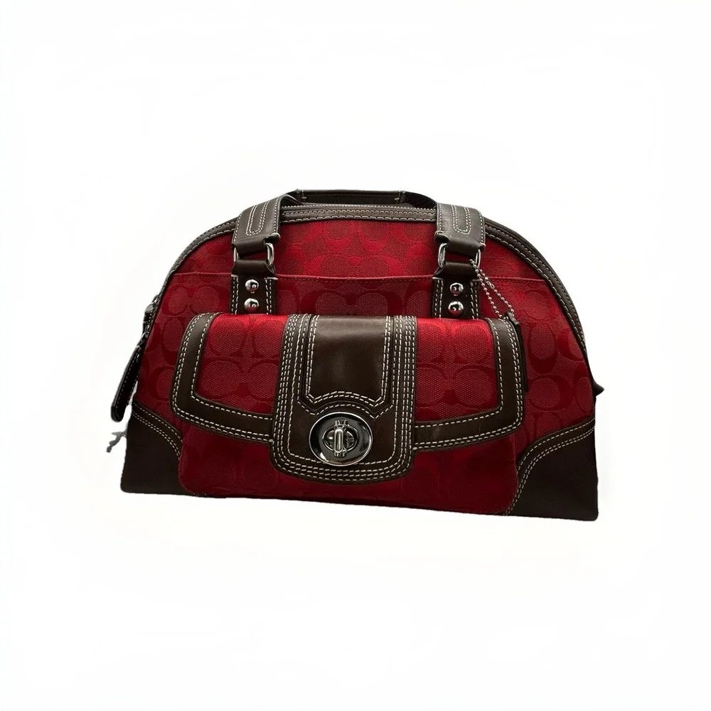 Coach Miranda Signature Red Canvas Brown Leather Satchel Bag Y2K